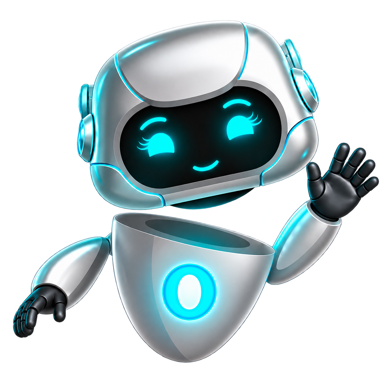 Personagem da Olivia, robô branco com detalhes cyan